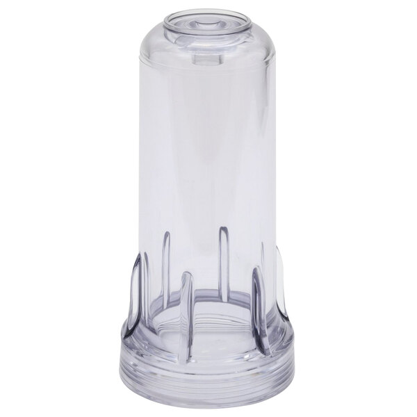 A clear plastic container with a silver cap.