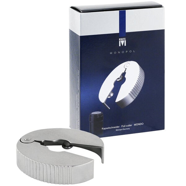 A silver metal Monopol foil cutter in a white box.