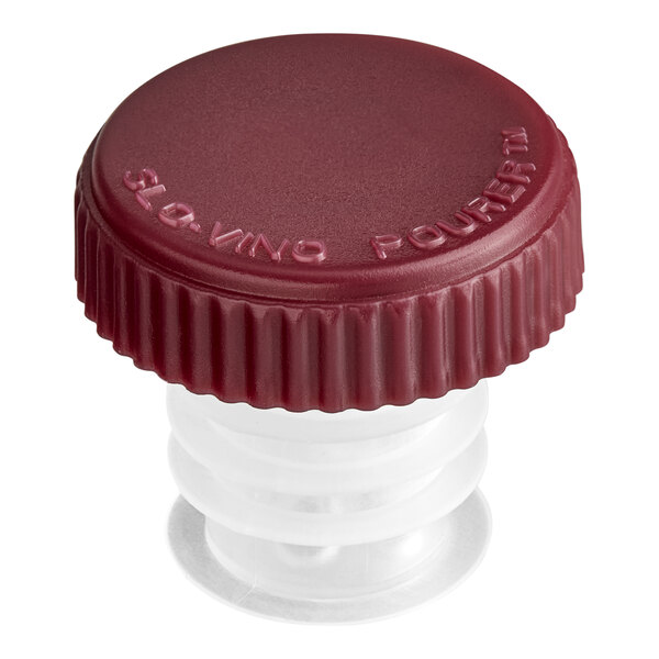 A burgundy-colored plastic wine stopper with a ribbed top and a clear, ridged lower section.