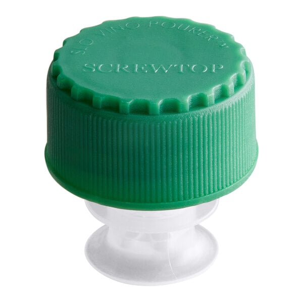 A green plastic screwtop cap with a clear base, designed as a wine pourer or stopper.