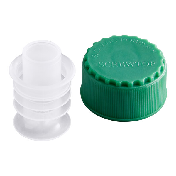 A green plastic screw cap and a clear plastic pourer stopper are shown side by side on a white background.