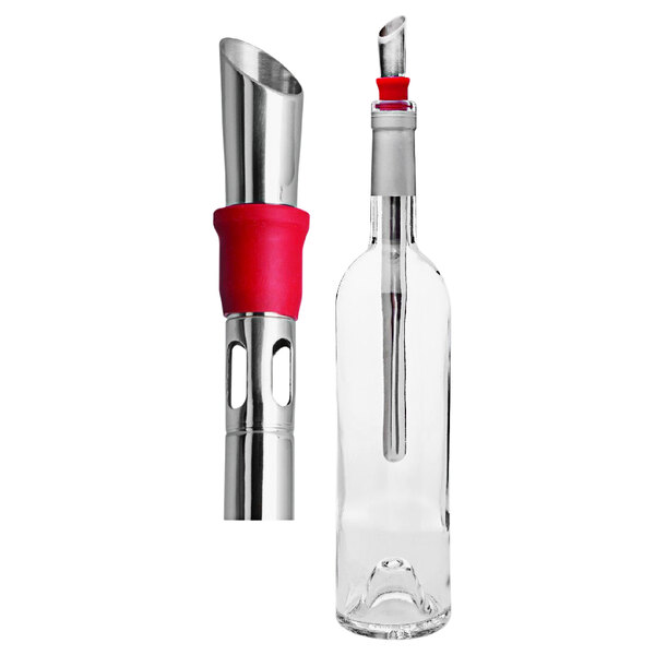 A Franmara stainless steel wine pourer and chiller in a glass bottle.