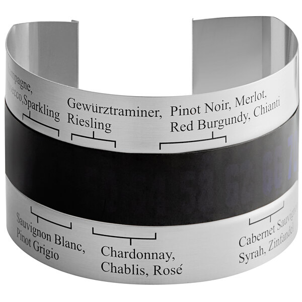 A silver and black Franmara wine sleeve thermometer with black text.