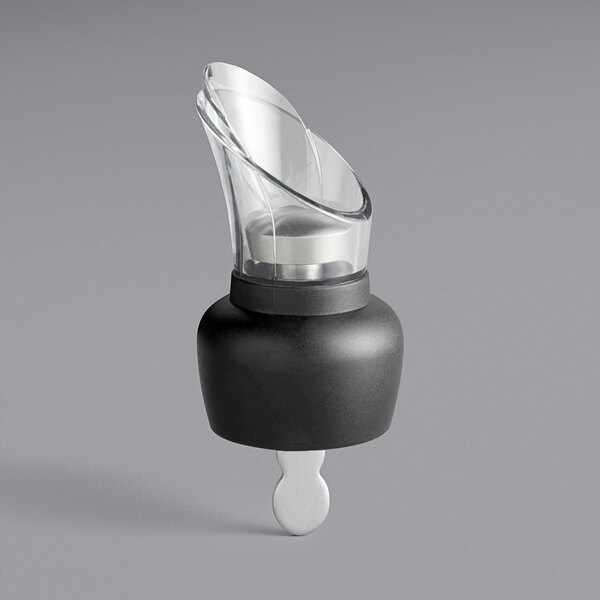 A Franmara black and clear wine pourer and stopper with a spout.