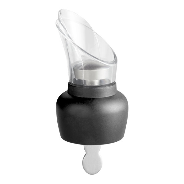 A black and clear wine pourer and stopper with a spout, featuring a curved transparent top and a metallic insert at the bottom.