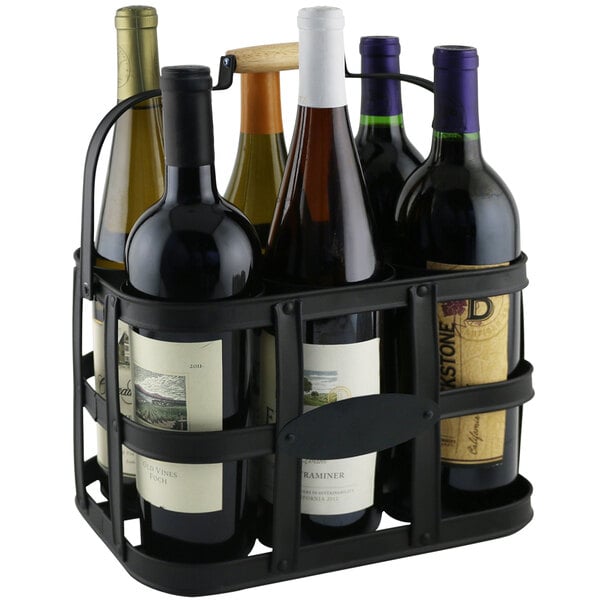 A Franmara black metal wine bottle caddy holding six bottles of wine.