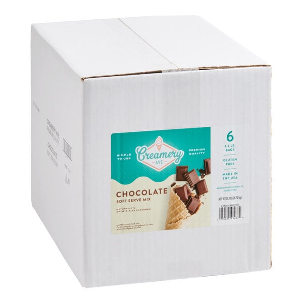 A box of Creamery Ave. Chocolate Soft Serve Mix containing six 3.2 lb. bags.