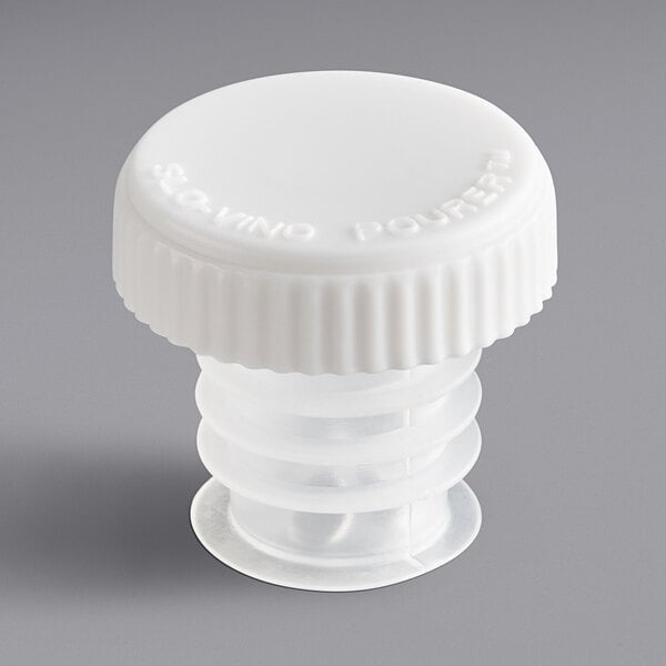 A white plastic Franmara wine pourer and stopper cap with a screw on top.