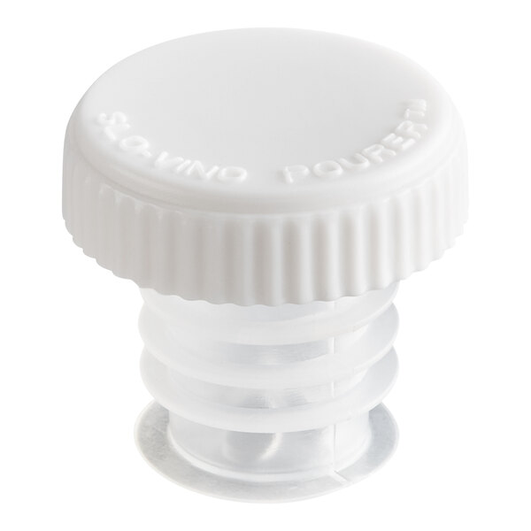 A white plastic wine pourer and stopper with a ribbed design and a flat top.