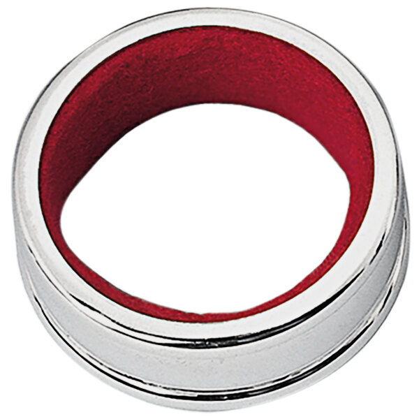 A silver-plated wine bottle collar with red velvet inside.