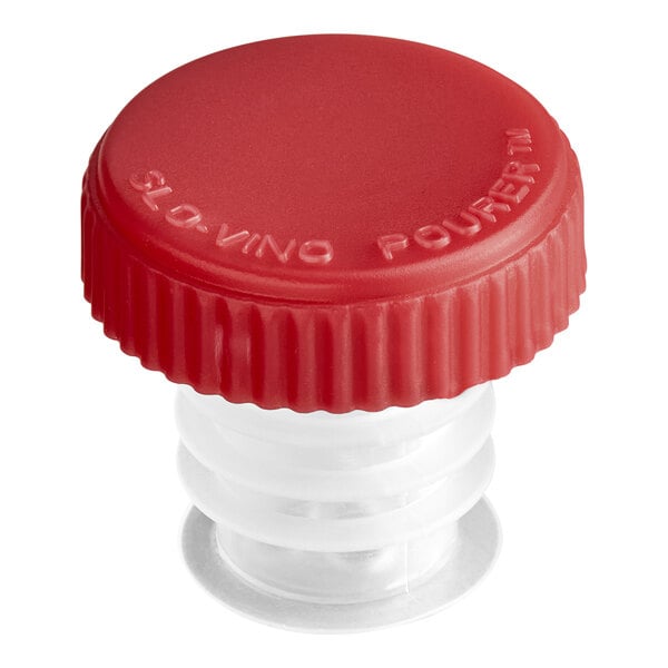 A red plastic cap with ribbed sides attached to a clear, ridged stopper.