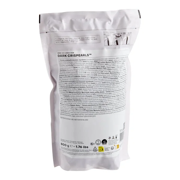 A white resealable bag of Callebaut Dark Crispearls weighing 1.76 pounds.