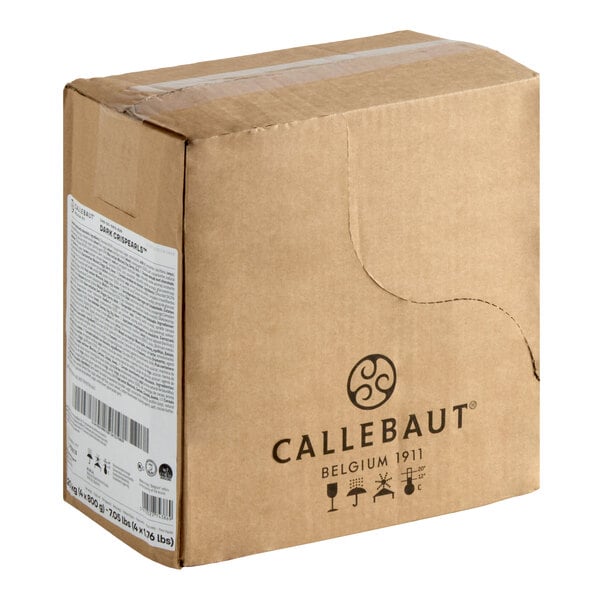 A cardboard box of Callebaut Dark Crispearls weighing 1.76 pounds, sold in a case of four.