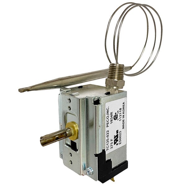 A PECO Control Systems TC125 Millivolt Regulating Thermostat with a wire attached.