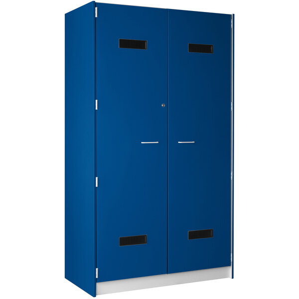a blue cabinet with silver handles