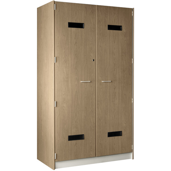 An I.D. Systems Roman Walnut wooden locker with black handles.