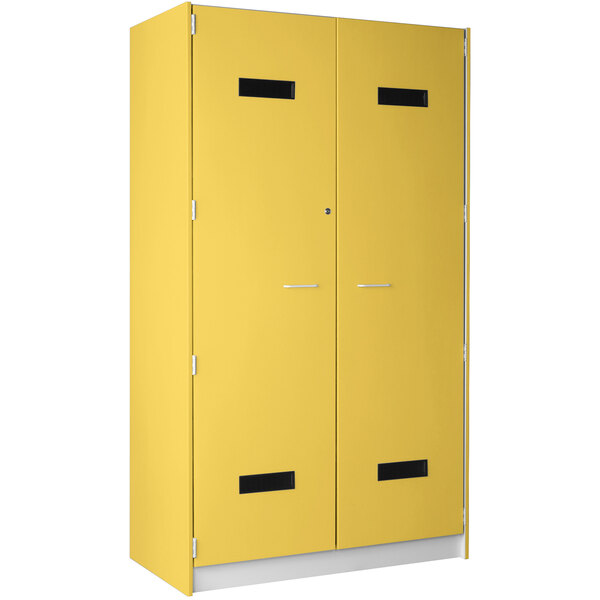 A sun yellow I.D. Systems storage locker with two doors.