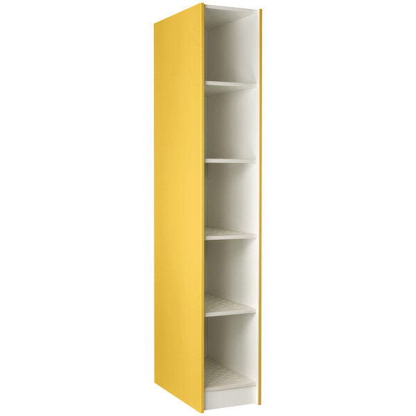 A sun yellow I.D. Systems instrument storage locker with shelves.
