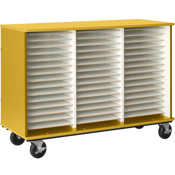 A yellow rolling cart with white shelves.