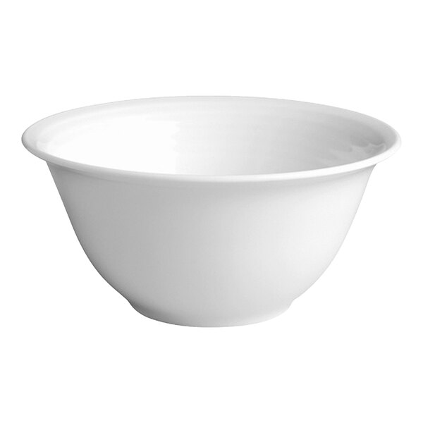 A plain ivory embossed porcelain bowl with a 35.5 oz. capacity.