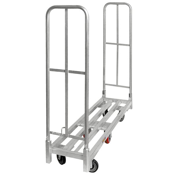 a metal cart with wheels