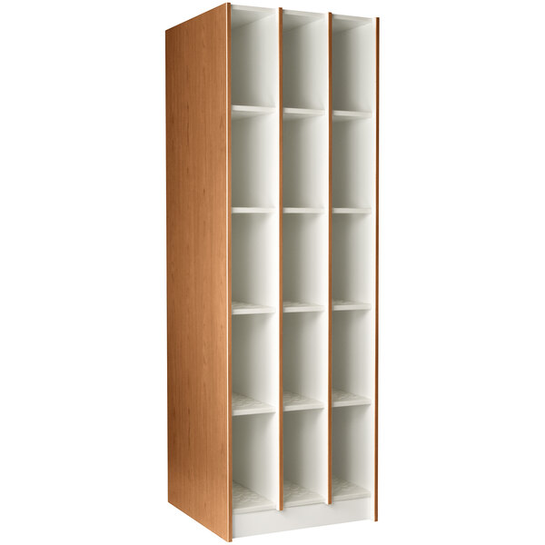 A medium cherry wooden locker with 15 compartments.