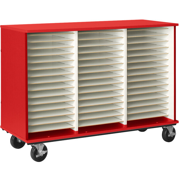 A red and white rolling cart with white shelves and wheels with 51 compartments for band/orchestra folios.