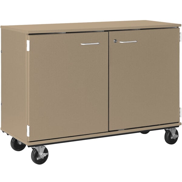 A brown cabinet with wheels.