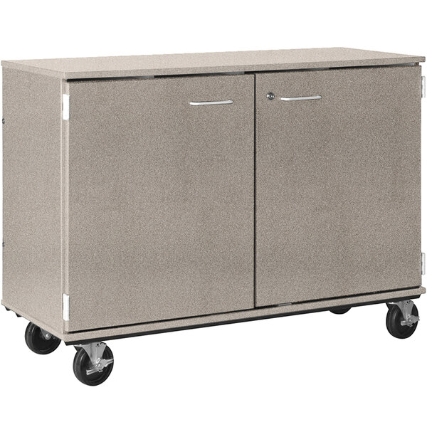 a gray cabinet with wheels