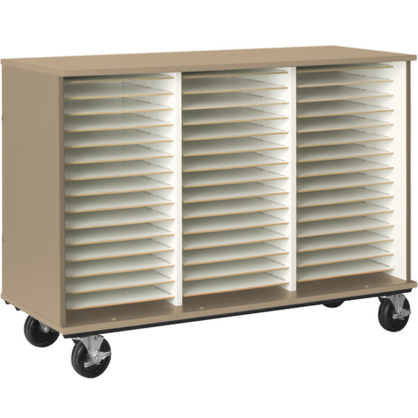 a brown cart with white shelves