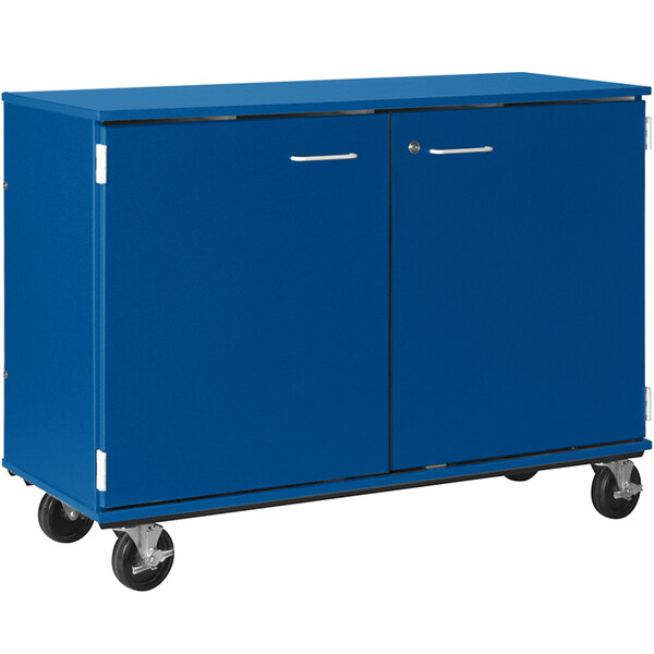 A royal blue I.D. Systems band/orchestra folio storage cabinet on wheels with locking doors.