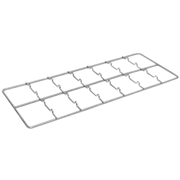 A metal rack with four rows of holes for charcuterie shelves.