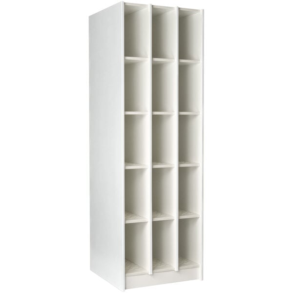 A white locker with 15 compartments.