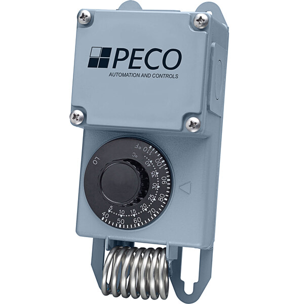 A PECO Control Systems TF115 NEMA 4X industrial thermostat on a grey metal box with a dial.