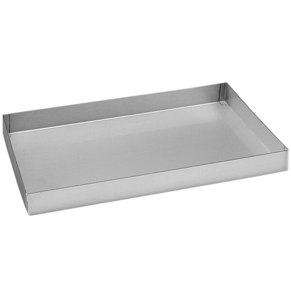 A silver rectangular stainless steel tray with a handle.