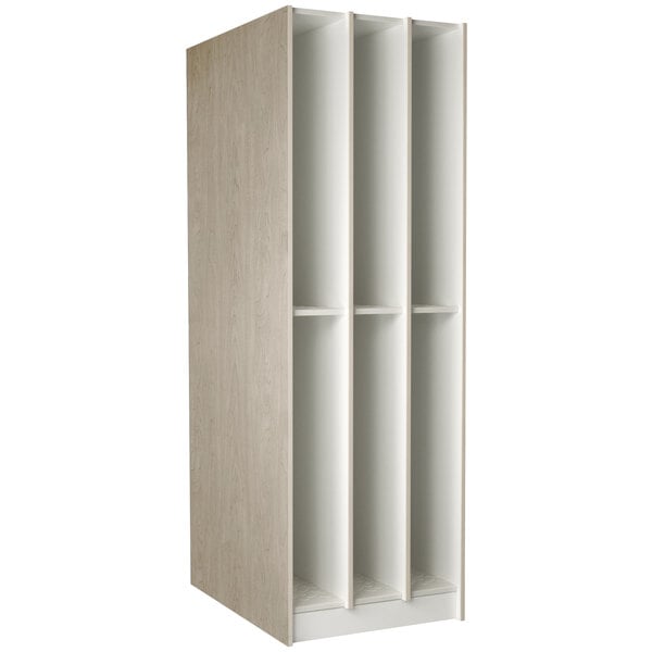 A natural elm I.D. Systems locker with six compartments.
