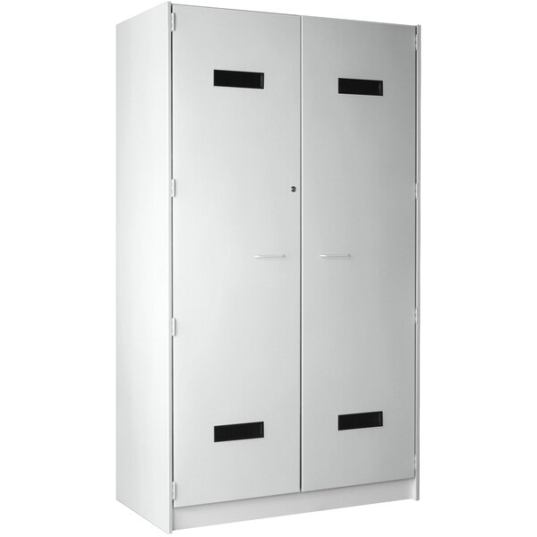 A fashion grey I.D. Systems locker with two doors and black rectangular lines.