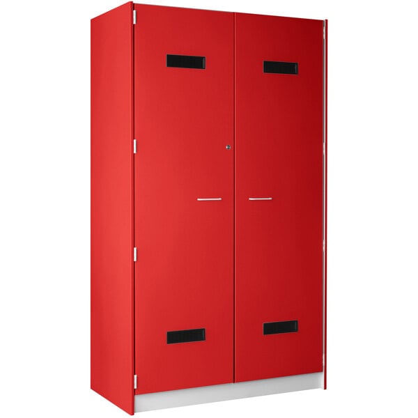 A red metal I.D. Systems locker with silver handles on two doors.