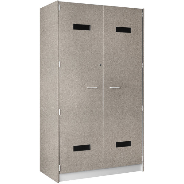 A grey metal locker with two doors and black windows.