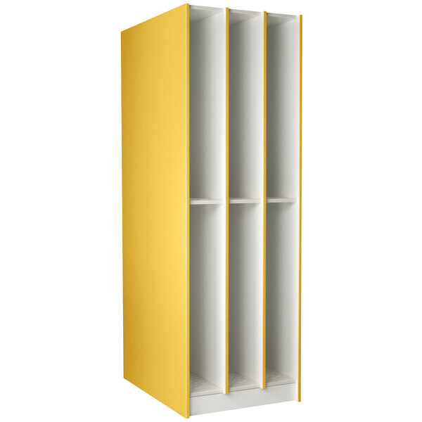 A yellow I.D. Systems instrument storage locker with six compartments.