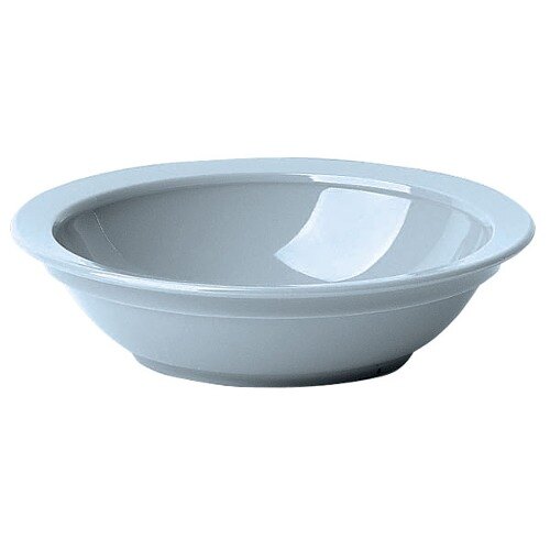 A close-up of a Cambro slate blue polycarbonate bowl with a white rim.