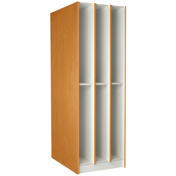 a white shelf with brown trim