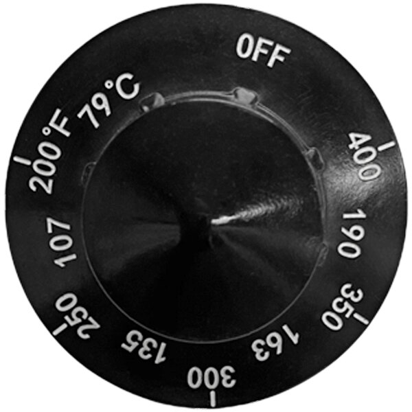 A black knob with white numbers on a circular object.