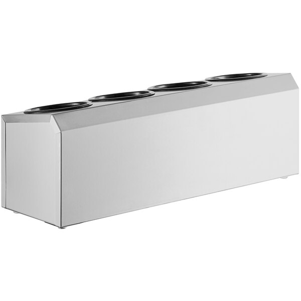 A white rectangular stainless steel flatware organizer with four holes.