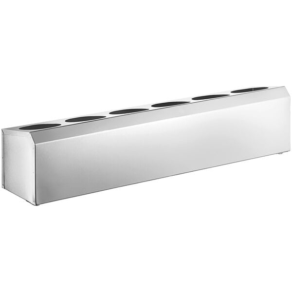 A stainless steel rectangular holder with six holes.