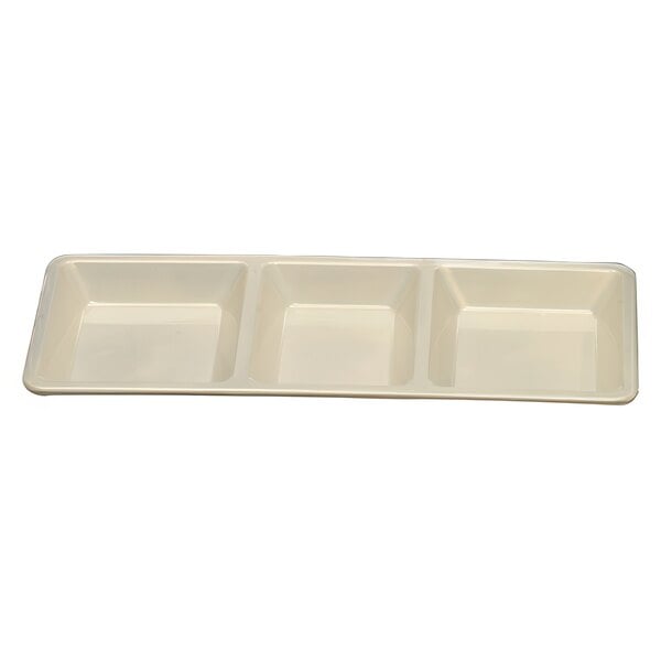 A white rectangular Thunder Group melamine tray with three sections.