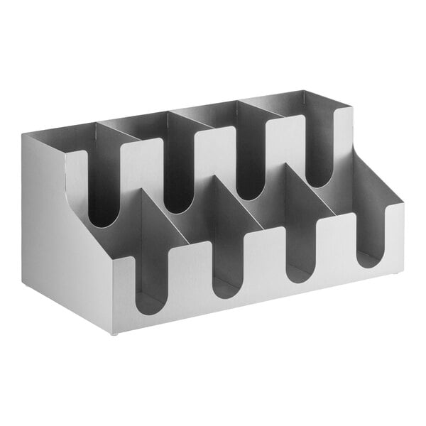 A stainless steel 8-section countertop or wall-mount organizer for cups or lids.