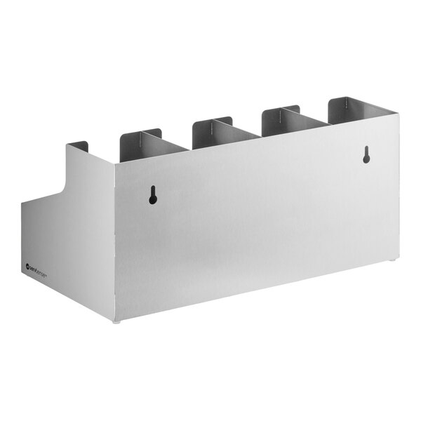 A stainless steel 8-section countertop or wall-mount cup and lid organizer.