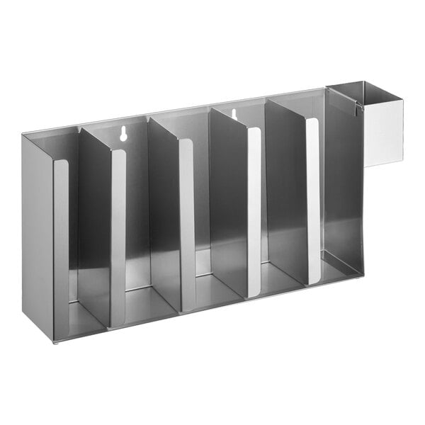 A stainless steel wall-mount or countertop cup and lid holder with five adjustable sections and an attached straw caddy.