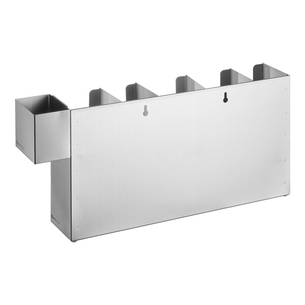 A stainless steel wall-mount or countertop cup and lid holder with five adjustable sections and an attached straw caddy.
